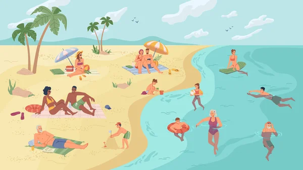 Καλοκαιρινές δραστηριότητες, άνθρωποι που χαλαρώνουν στην παραλία — Διανυσματικό Αρχείο