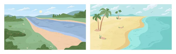 Set of summer landscapes, beach of sea, river bank — Stock Vector