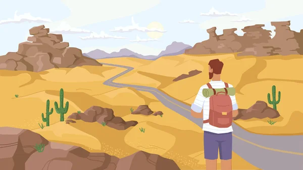 Man traveler observe desert scenery landscape — Stock Vector