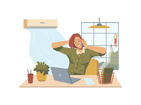 Heat in office, woman at workplace air conditioner — Stock Vector