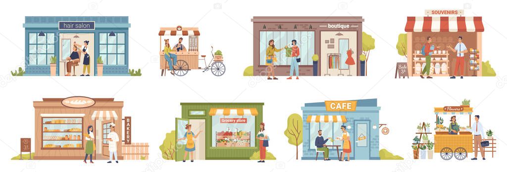 Shops and store, cafe. Small business building set