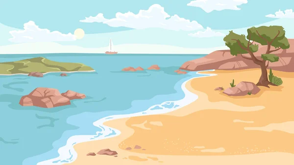 ชายหาดฤดูร้อน ทะเลหรือมหาสมุทร ชายฝั่งทราย ต้นไม้ — ภาพเวกเตอร์สต็อก