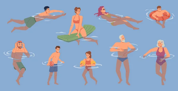 Pessoas nadando na piscina, mar ou oceano água morna — Vetor de Stock