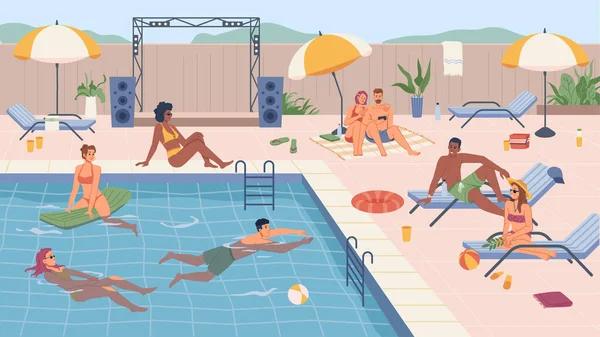 Fête de piscine, personnes nageant et se reposant par l'eau — Image vectorielle