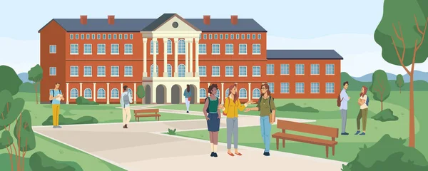 Університет, колаж шкільної будівлі зі студентами — стоковий вектор