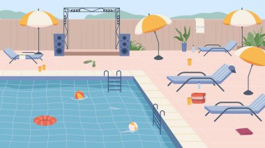 Şemsiyeli, sahneli ve mobilyalı havuz partisi