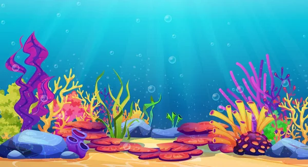 Mundo submarino fondo marino, algas y arrecifes de coral — Vector de stock