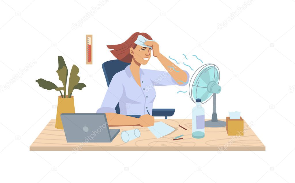 Woman at workplace ventilator blowing on her, heat