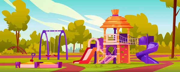 Taman kanak-kanak bermain dengan slide dan ayunan - Stok Vektor