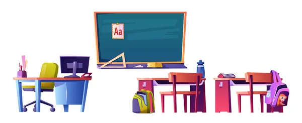 Leeg klaslokaal met schoolbord en bureau vector — Stockvector