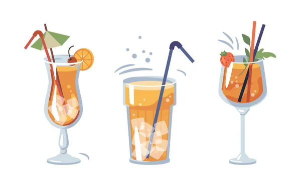 Koktejly nápoje podávané ve sklenicích se slámou — Stockový vektor