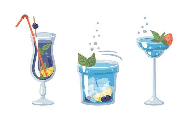 Modré alkoholické koktejly s ovocem a bylinkami — Stockový vektor