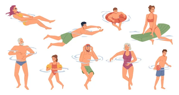 Nadadores, pessoas de fato de banho a nadar na água — Vetor de Stock