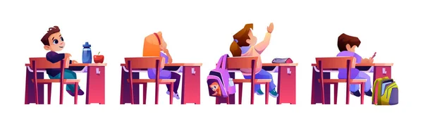Schulkinder sitzen am Schreibtisch und heben die Hände — Stockvektor
