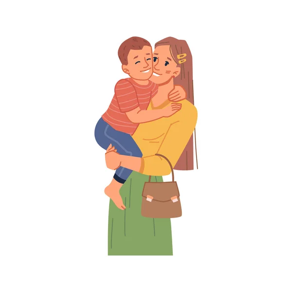 Happy mother holding toddler son hugging mommy — Stock Vector