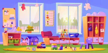 Oyuncaklarla dolu boş anaokulu sınıfı.