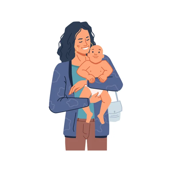 Mãe segurando criança recém-nascida em mãos usando fralda — Vetor de Stock