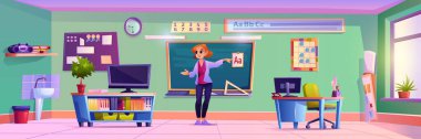 Teacher showing and explaining lesson material