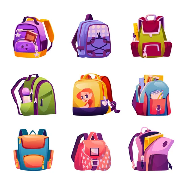 Satchels backpacks for school supply, rucksacks — Stockový vektor