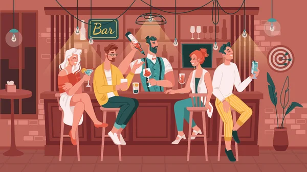 Bartender servindo clientes bebendo coquetéis bar — Vetor de Stock