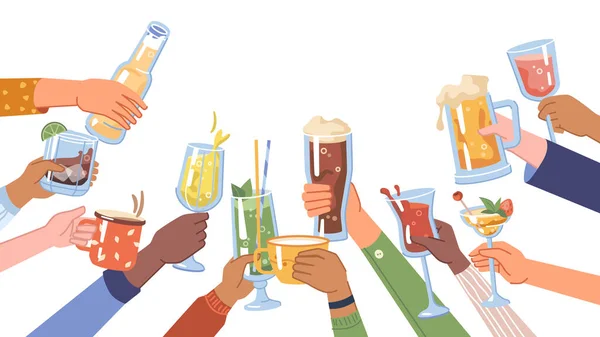 Cheers hands holding drinks and beverages vector — ストックベクタ
