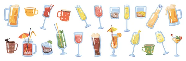 Cocktails and hot beverages in cups and glasses — Image vectorielle