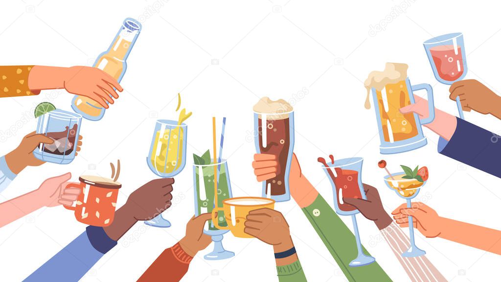 Cheers hands holding drinks and beverages vector