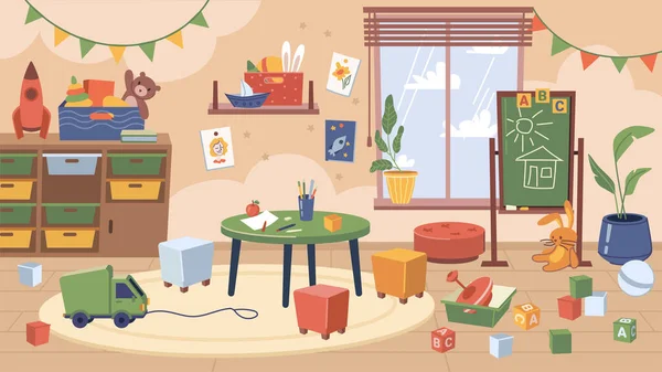 Sala de aula de jardim de infância vazia com brinquedos de móveis — Vetor de Stock