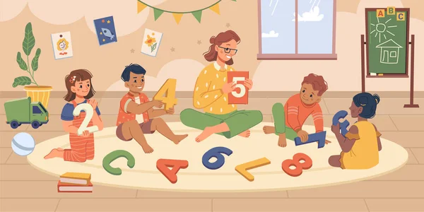 Teacher teaching kids in kindergarten playroom — Stok Vektör