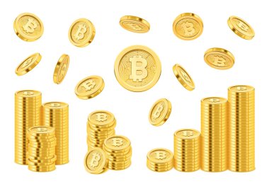 Bitcoin yığını, altın madeni paralar 3 boyutlu olarak düşüyor.