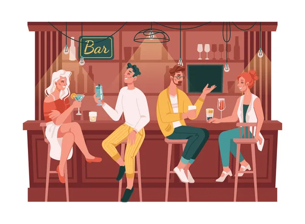 Návštěvníci chatují v baru nebo hospodě, setkání přátel — Stockový vektor