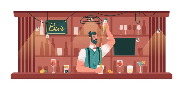 Barman fazendo coquetéis e bebidas no bar pub — Vetor de Stock
