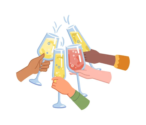 Proost en geroosterd, handen met champagneglas — Stockvector