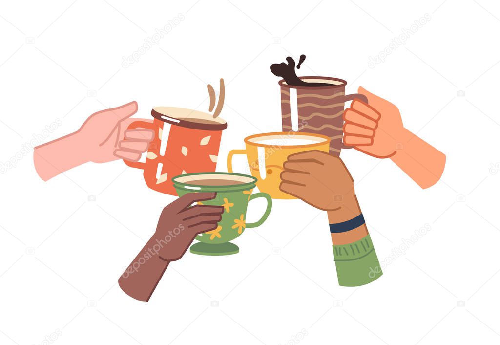 Cheers hands with coffee or tea beverages in cups