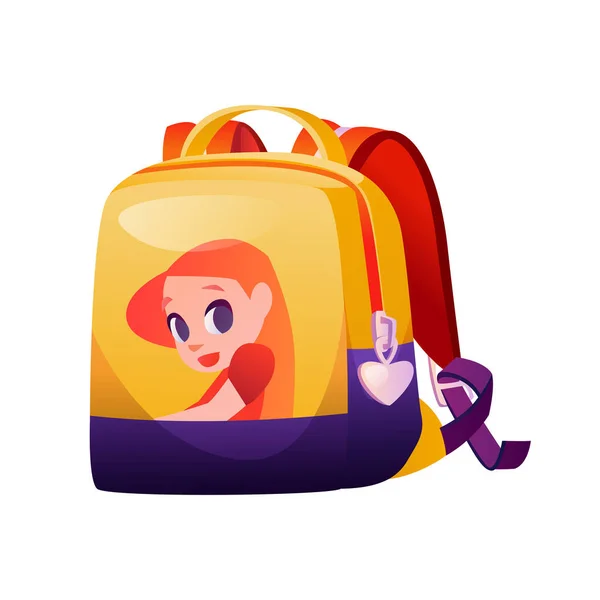 School backpack with cartoon character for girl — Stock Vector