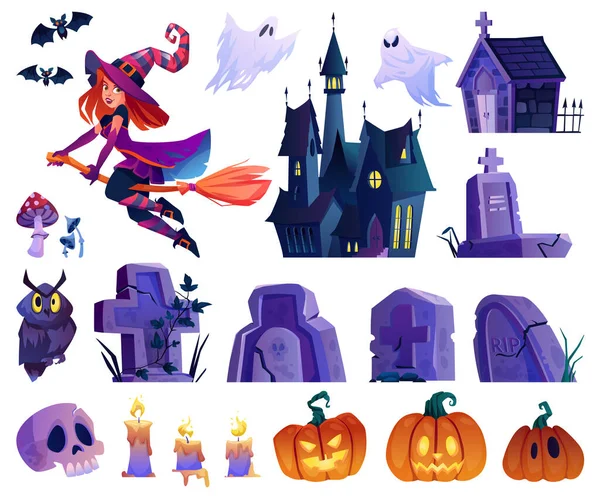 Elementos de Halloween, castelo e sepulturas abóboras — Vetor de Stock