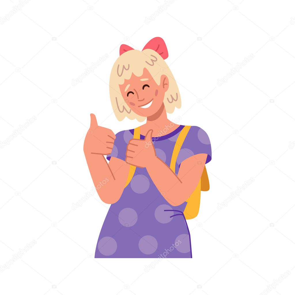 Kid gesturing and smiling showing thumbs up, isolated female personage approving or recommending. Preteen girl or school child, positive gesture and sign. Flat style cartoon character vector