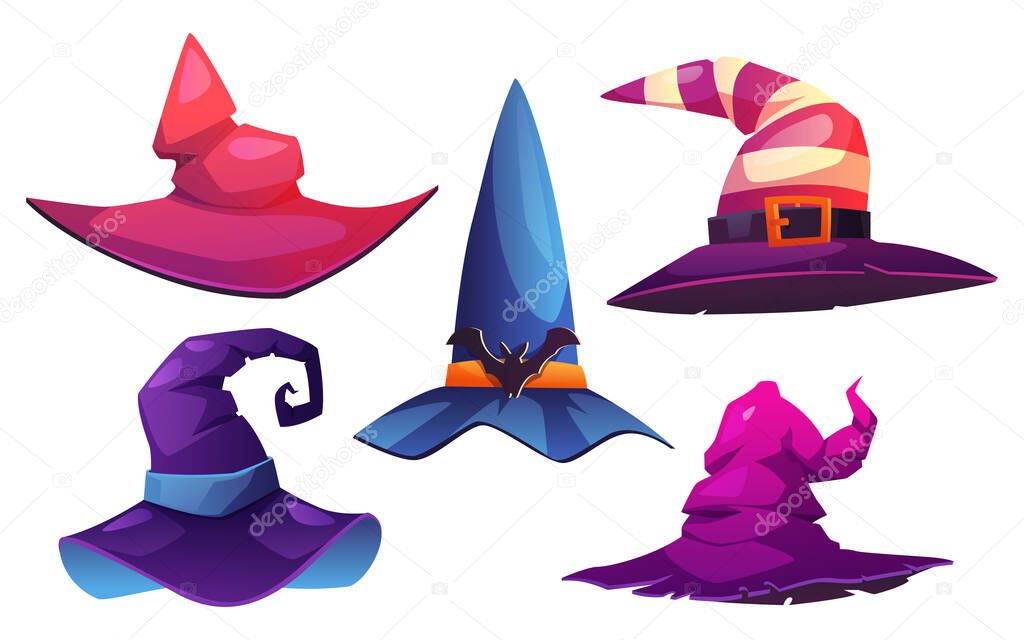 Halloween witch hats, headwear with belts and bats