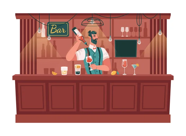 Bartender making drinks and cocktails in bar pub — Vetor de Stock
