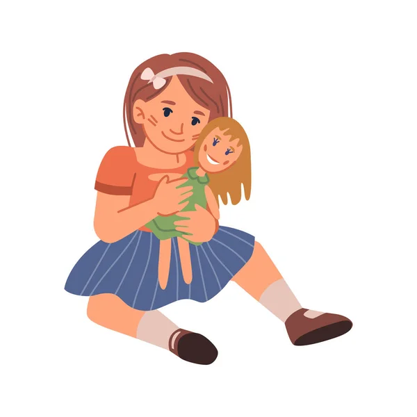 Small girl kid playing with doll, cuddling toy — Διανυσματικό Αρχείο