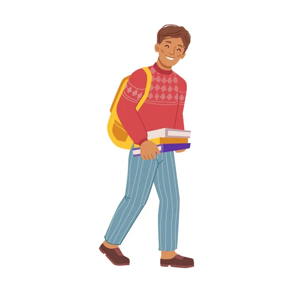 Preteen boy with books and satchel on shoulders — Stock vektor