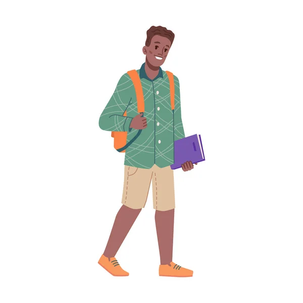 Teenage boy with book and bag walking to school — Stock vektor