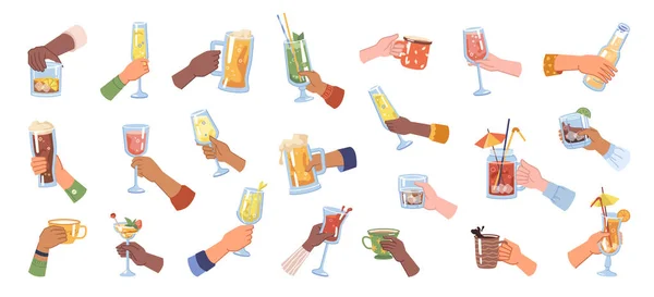 Hands holding cups glasses with drinks beverage — Vector de stock