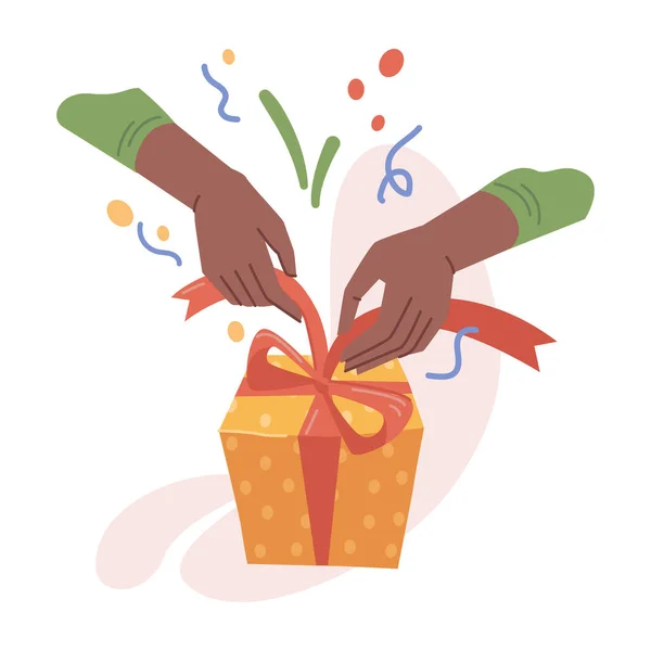 Present box with ribbon, hands opening gift vector — Vector de stock