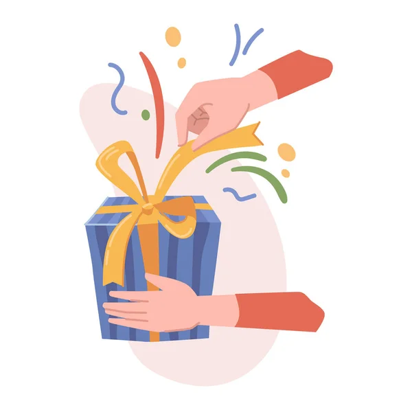 Hand unpacking present with decorative bow vector — Vector de stock