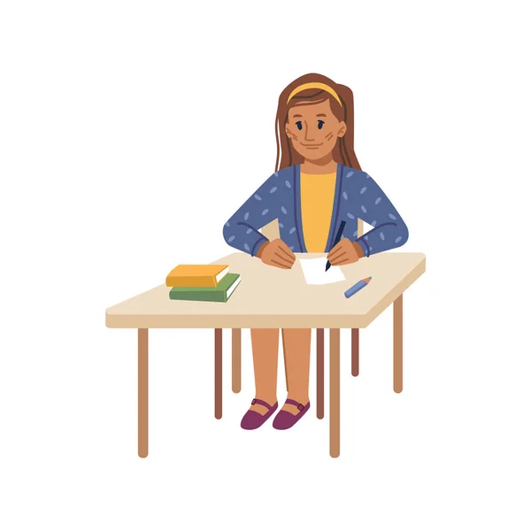 School girl sitting by desk with books at lesson —  Vetores de Stock