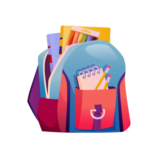 Hátizsák az iskolának, táska könyvekkel és felszereléssel — Stock Vector