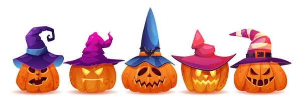 Illuminated halloween pumpkins in witch hats set — Stock vektor