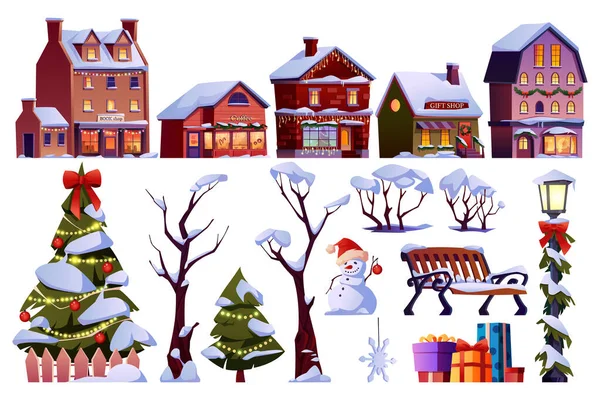 Noel unsurları hazır, yeni yıl ağacı, ev, hediyeler — Stok Vektör
