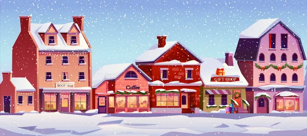 Paisagem rua de Natal casas decoradas na neve — Vetor de Stock